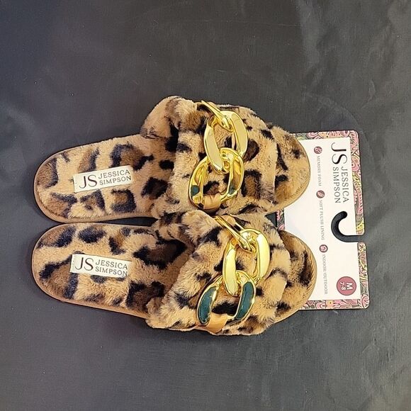 NEW JESSICA SIMPSON WOMEN'S FAUX FUR CHAIN LINK EMBELLISHED SLIDE SLIPPERS - Picture 5 of 12